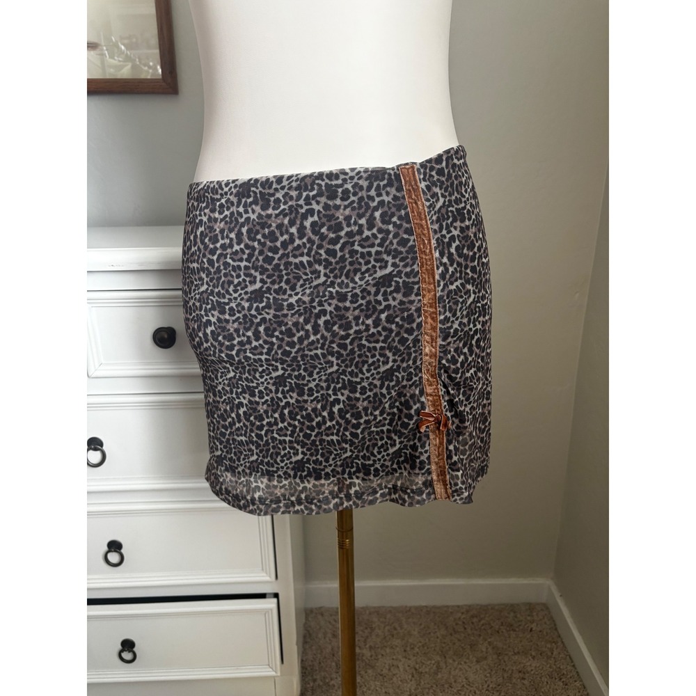 ASOS DESIGN Leopard Print Mesh Mini Skirt Velvet Trim Bow Y2K Coquette XS